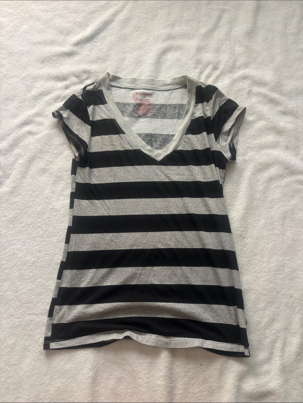 No Boundaries Black and Gray Striped V-Neck Tee